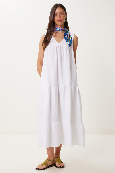 Flounced Summer Muslin Dress Ecru Lmx0087