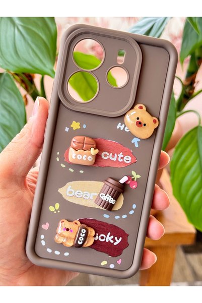 Redmi Note 14 4g Case Designed Patterned Camera Protected Teddy Bear Coffee Soft Silicone Cover