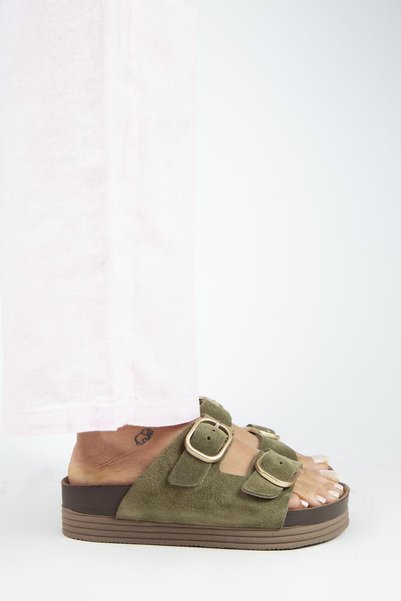 Alexa Women's Leather Genuine Leather Double Buckle Platform Khaki Slippers