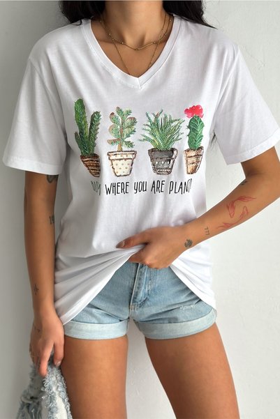 Women's White 100% Cotton Plus Size T-Shirt V-Neck Cactus Sequin Embroidered