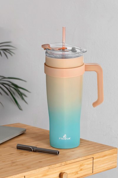 304 Quality Stainless Steel 1000 ml Thermos with Straw Double Layer Color Transition, Leakproof Cup