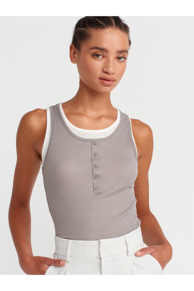 21102 100% Cotton Double Layer Buttoned Top-Grey