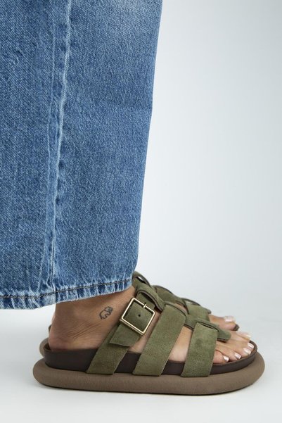 (Hicks) Women's Genuine Leather Buckled Strapped Khaki Slipper