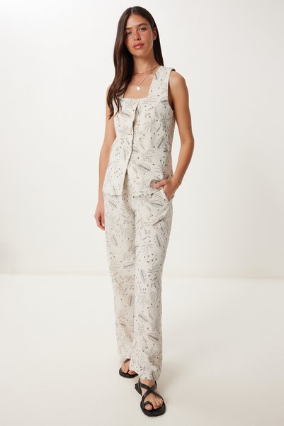 Patterned Linen Vest Trousers Set Stone Lrv0111