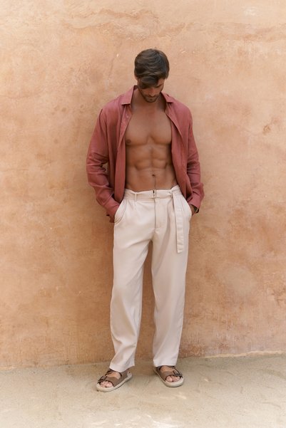 Lorenza Belt Detail Beige Men's Trousers