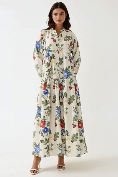 Floral Patterned Linen Look Modest Dress