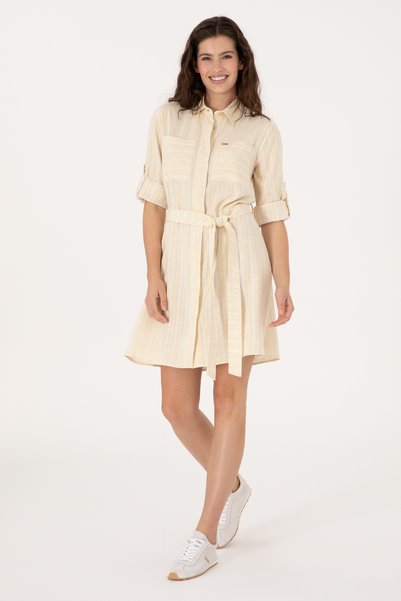 Women's Cream Linen Blend Striped Belted Mini Size Woven Dress 50306595-Vr071