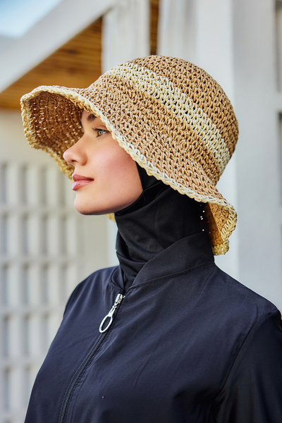 Two Color Stripe Hand Knitted Straw Hat Beach Hat Rş-102 Camel Beige 2099