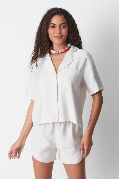 Beige Short Sleeve Shirt and Shorts Set - 9148