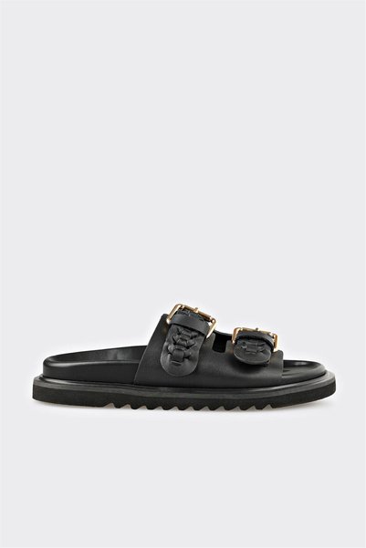 Black Leather Women's Slippers
