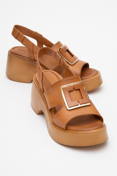 Lucia Tan Buckle Genuine Leather Women's Wedge Heeled Sandals