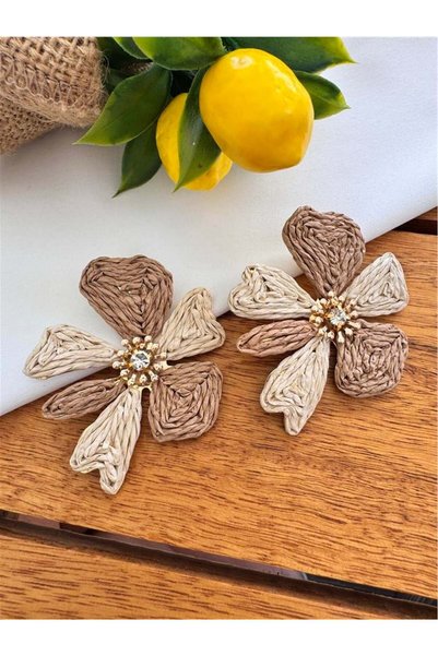 Beige Straw Jute Thread Embroidered Flower Earrings