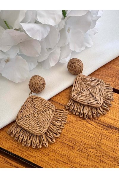 Coffee Straw Rope Embroidered Straw Earrings