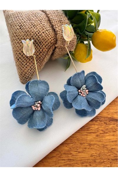 Blue Long Tulip Figured Jean/Denim Flower Earrings