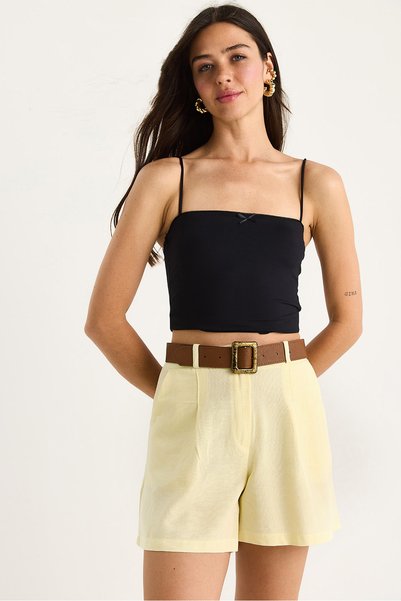 Women's Lemon Yellow Belted Thin Linen Shorts with Pocket Detail 2530 60281070