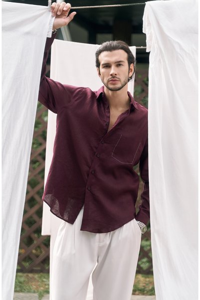 Ombretta Burgundy Linen Oversize Men's Shirt