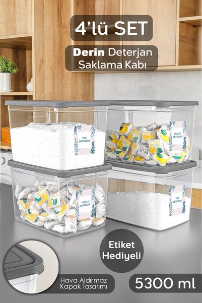 4-Piece Mega Size Detergent Storage Box - Labeled Bathroom Tablet Powder Detergent Box 5.3 Liters Transparent