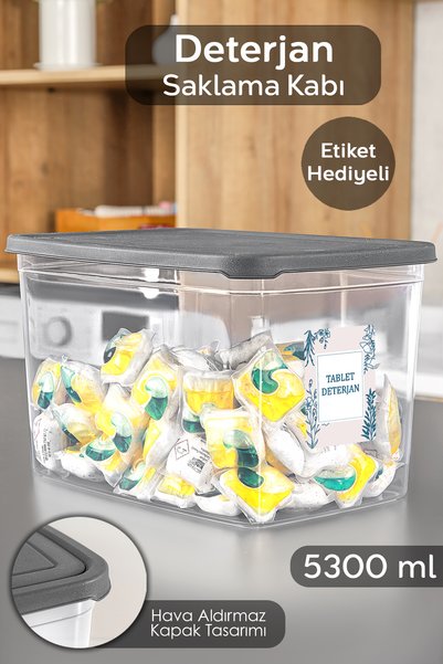 Mega Size Detergent Storage Box - Bathroom Tablet Powder Detergent Box with Label 5.3 Liter Transparent
