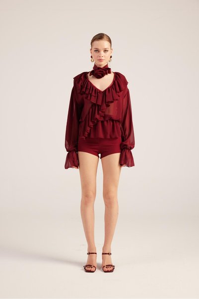 Chiffon Sassy Shirt with Ruffled Rose Choker Accessories Claret Red