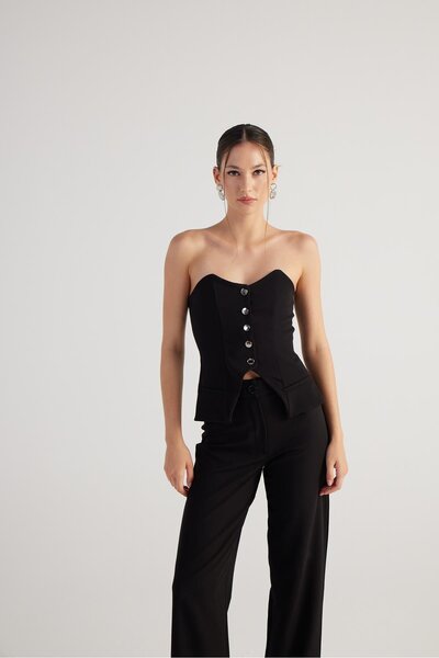 Button Detailed Strapless Nia Blouse Black
