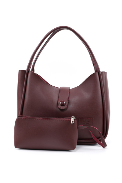 Burgundy Shk79 Leather Button Detailed Snap Fastener Makeup Bag Handle and Shoulder Bag