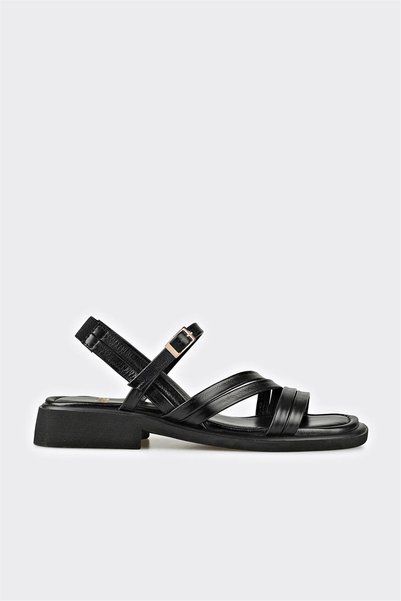 Black Leather Women's Flat Sandals