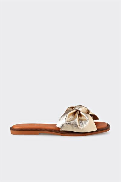 Gold Leather Women's Flat Slippers