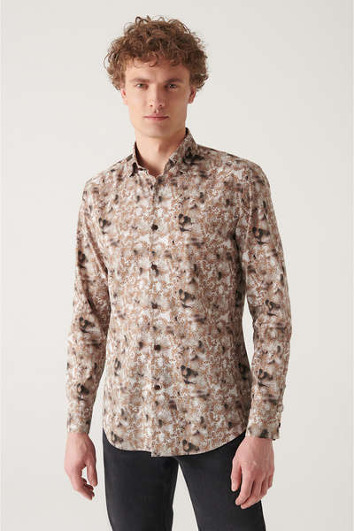 Men's Camel Abstract Patterned 100% Cotton Shirt A22Y2013