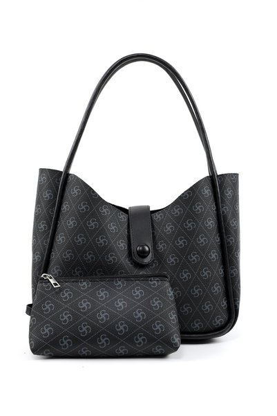 Monogram Printed Black Shk79 Leather Button Detailed Snap Fastener Makeup Bag Handle and Shoulder Bag
