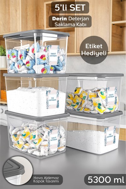 5-Piece Mega Size Detergent Storage Box - Labeled Bathroom Tablet Powder Detergent Box 5.3 Liter Transparent