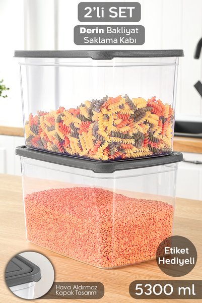 2 Deep Food Storage Containers with Labels - Pulses Flour Container Large Size Food Box 5300 ml Transparent