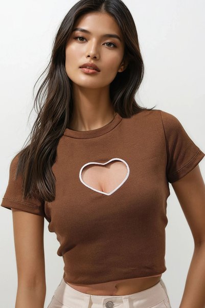 Women's Brown Crew Neck Heart Embroidery Half Sleeve Knitted Crop Blouse ALC-X9572-2
