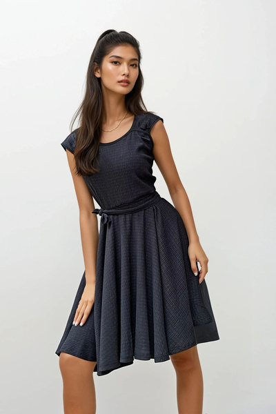 Women's Black Thick Strap Skirt Flounce Tied Belt Dress ALC-X11835
