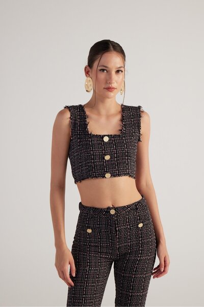 Tweed Fabric Crop Tweed Bustier Black