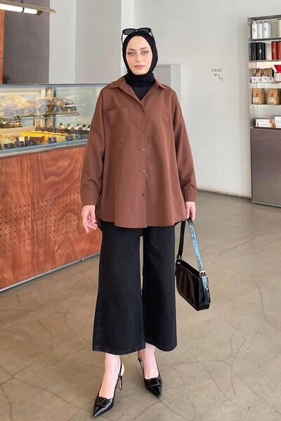 Single Pocket Detailed Oversize Shirt Bitter Brown