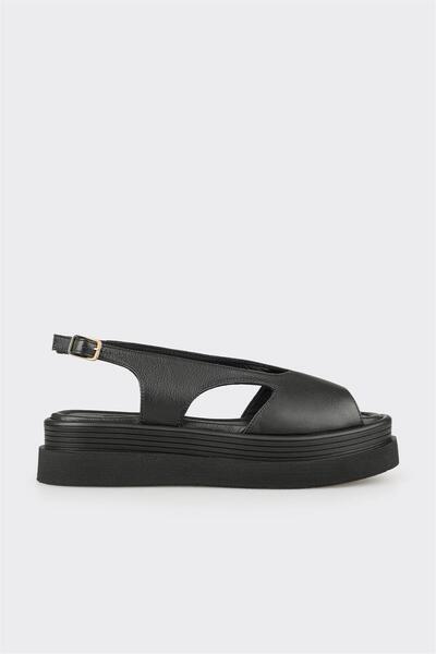 Black Leather Women's Heeled Sandals