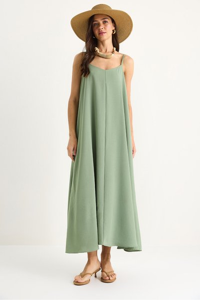 Women's Green Rope Strap Lined Flowy Comfortable Summer Dress 5247 60281074
