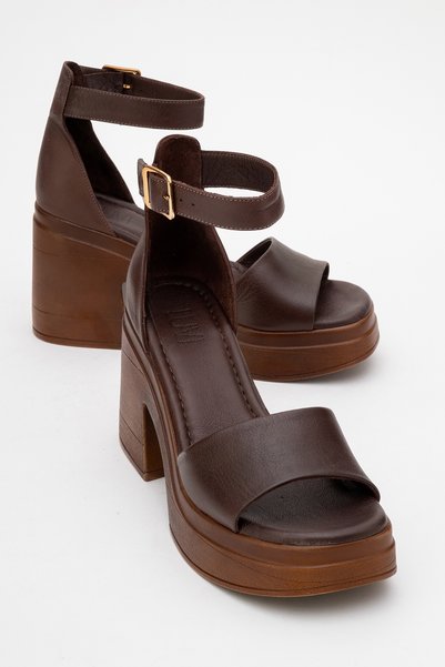 MARGOT Brown Genuine Leather Women's Platform Heeled Sandals