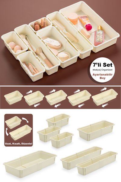 7 Piece Expandable Makeup Organizer - Adjustable Modular Drawer Inside Jewelry Accessories Organizer
