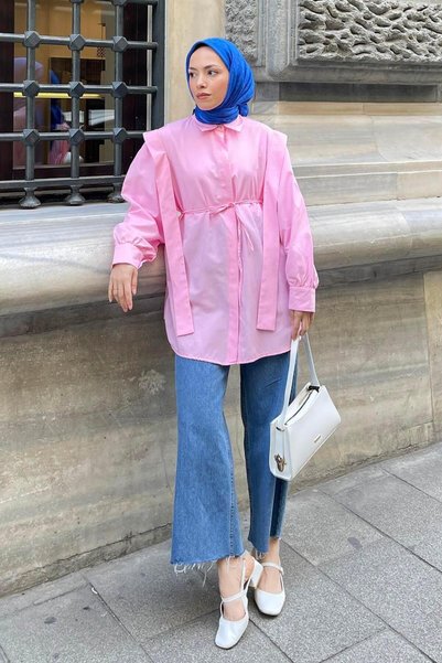 Waist Tied Shoulder Padded Shirt Candy Pink