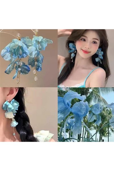 Blue Fabric Detailed Flower Earrings
