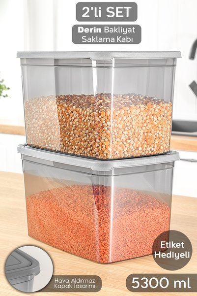2 Deep Food Storage Containers with Labels - Large Size Flour Pulses Container Food Box Anthracite 5300 ml