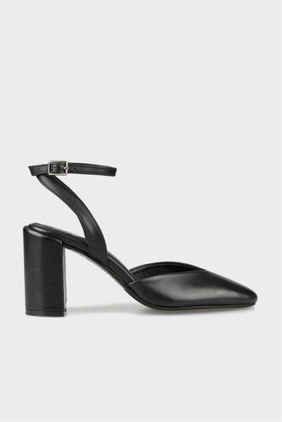 Black Leather Women's Heeled Shoes