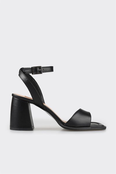 Black Leather Women's Heeled Sandals