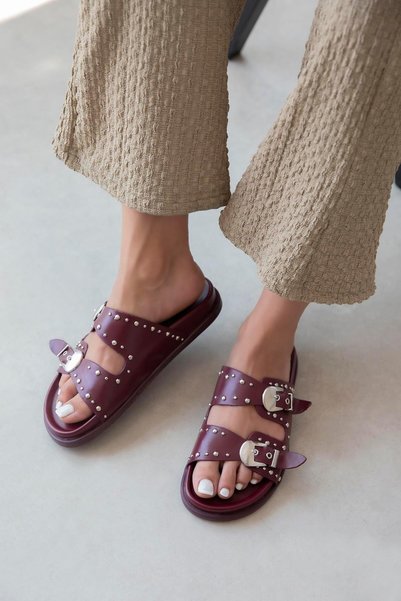 Gavi Women's Drop Detail Daily Comfort Leather Slippers Claret Red