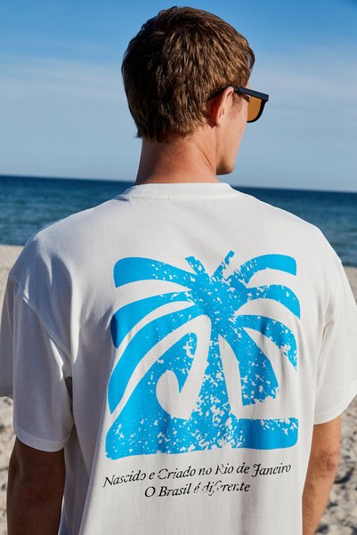 Copacabana Men's Front Back Cracking Print Detailed 100% Organic Cotton Oversize Short Sleeve White T-Shirt
