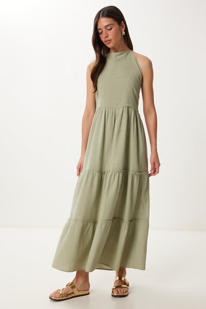 Halter Neckline Flounced Summer Linen Dress Cagla Green Lgp0015
