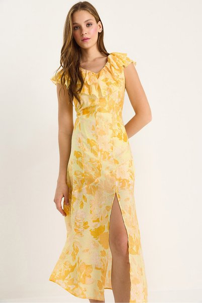 Women's Yellow Ruffled Collar Lined Slit Detailed Floral Patterned Dress 3064 60283462