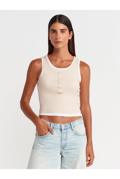 21102 100% Cotton Double Layer Buttoned Top-Beige