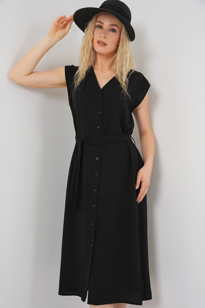 Women's Zero Sleeve Belted Ayrobin Dress 2568 - Black